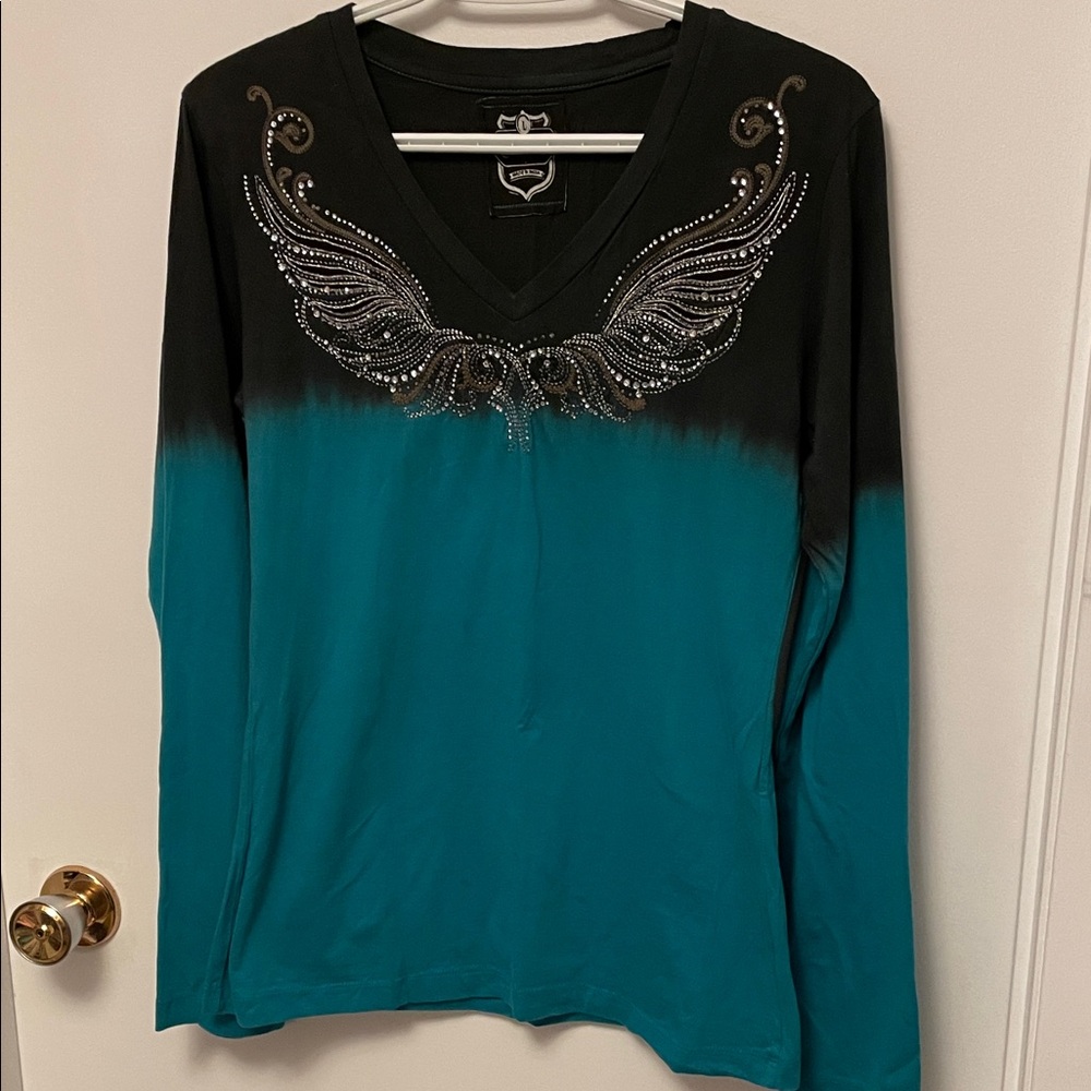 Women’s Pink Cattleac Black/Turquoise with Rhinestones Long SleeveTee Size Large